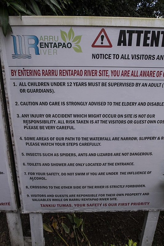 a notice to all visitors informing of the rules at rarru cascades