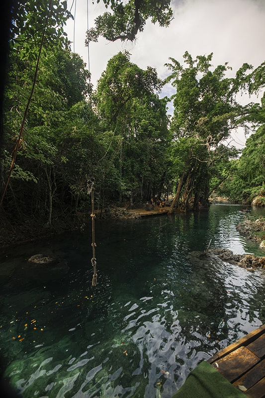one of the rope swings hanging down over the river at rarru cascades
