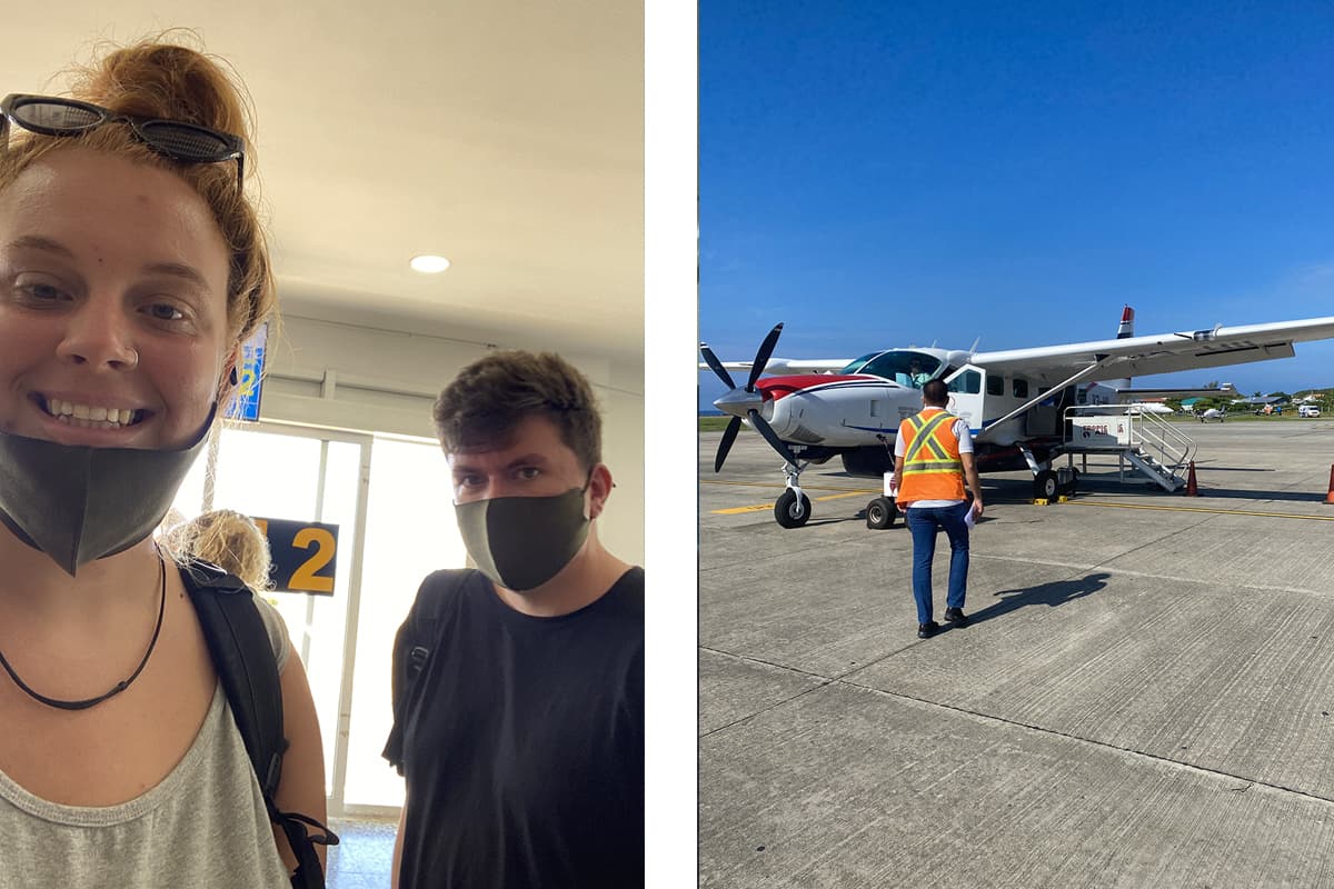 a quick airport selfie in roatan, probably should have kept my mask on as i tested positive for covid 4 days after this // heading onto the tarmac to board our plane