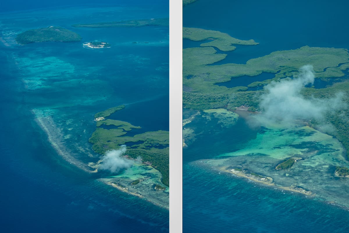 a mixture of mangroves and reef systems when flying from roatan to belize