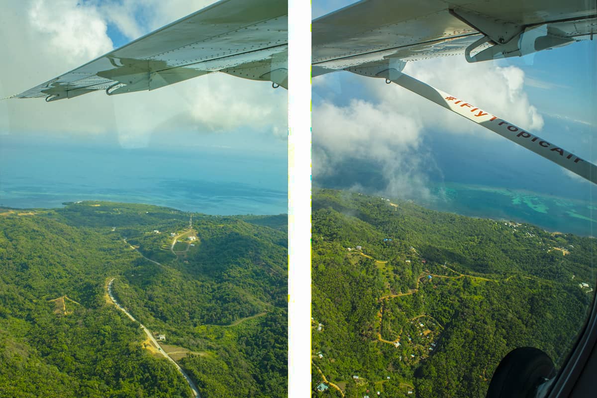 flying over the hills of roatan with tropic air