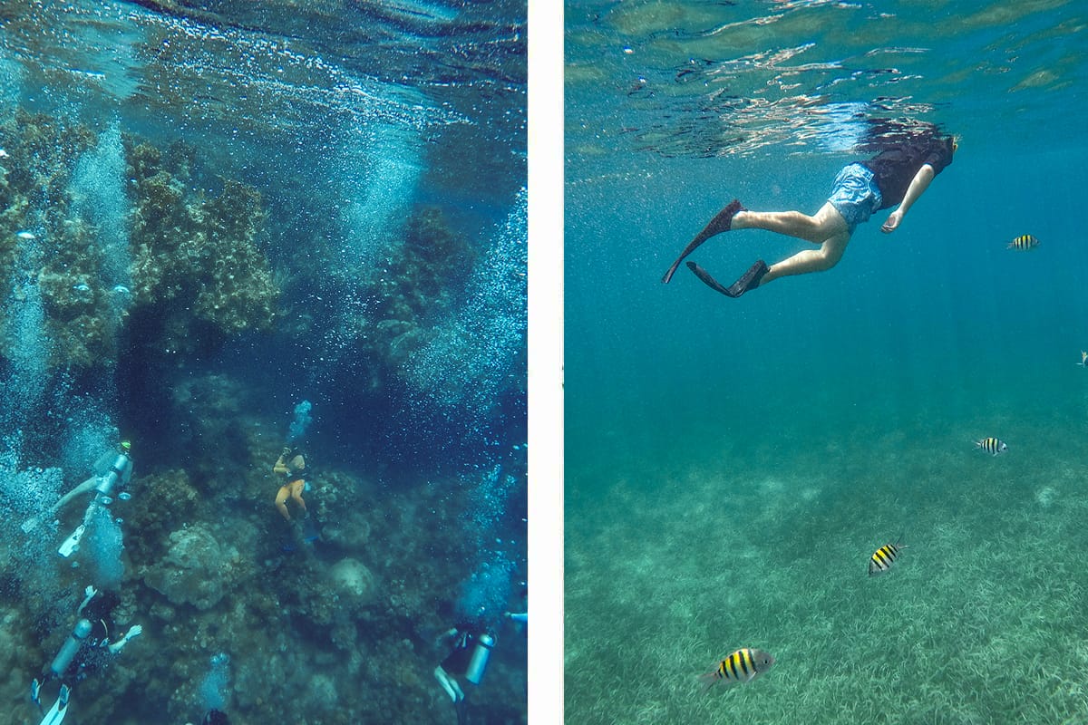 scuba divers in the blue channel in roatan // snorkeling back to the boat