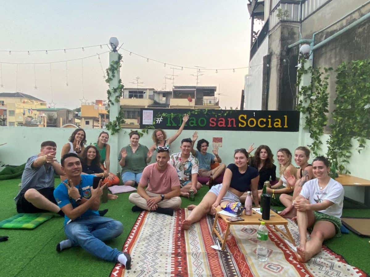 hanging on the rooftop and meeting new friends at khao san social capsule hostel