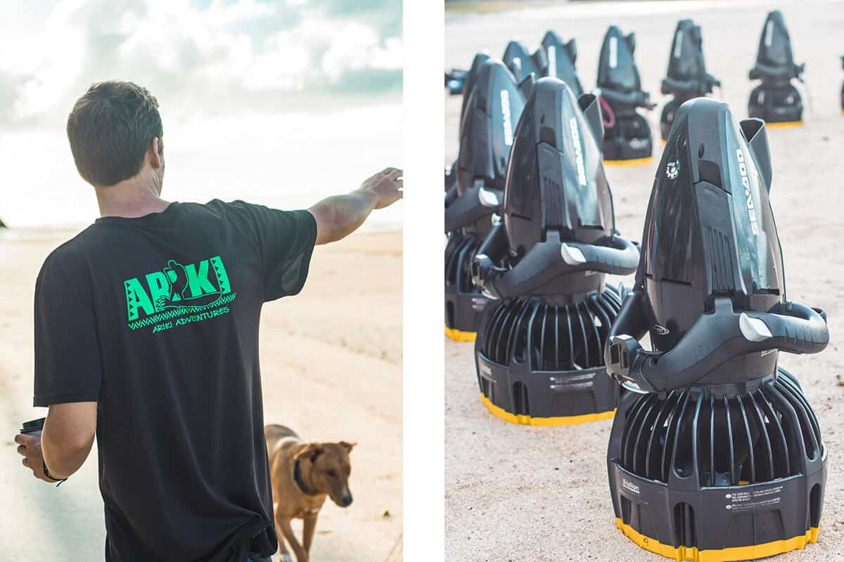 sea scooters set up on the beach ready to use