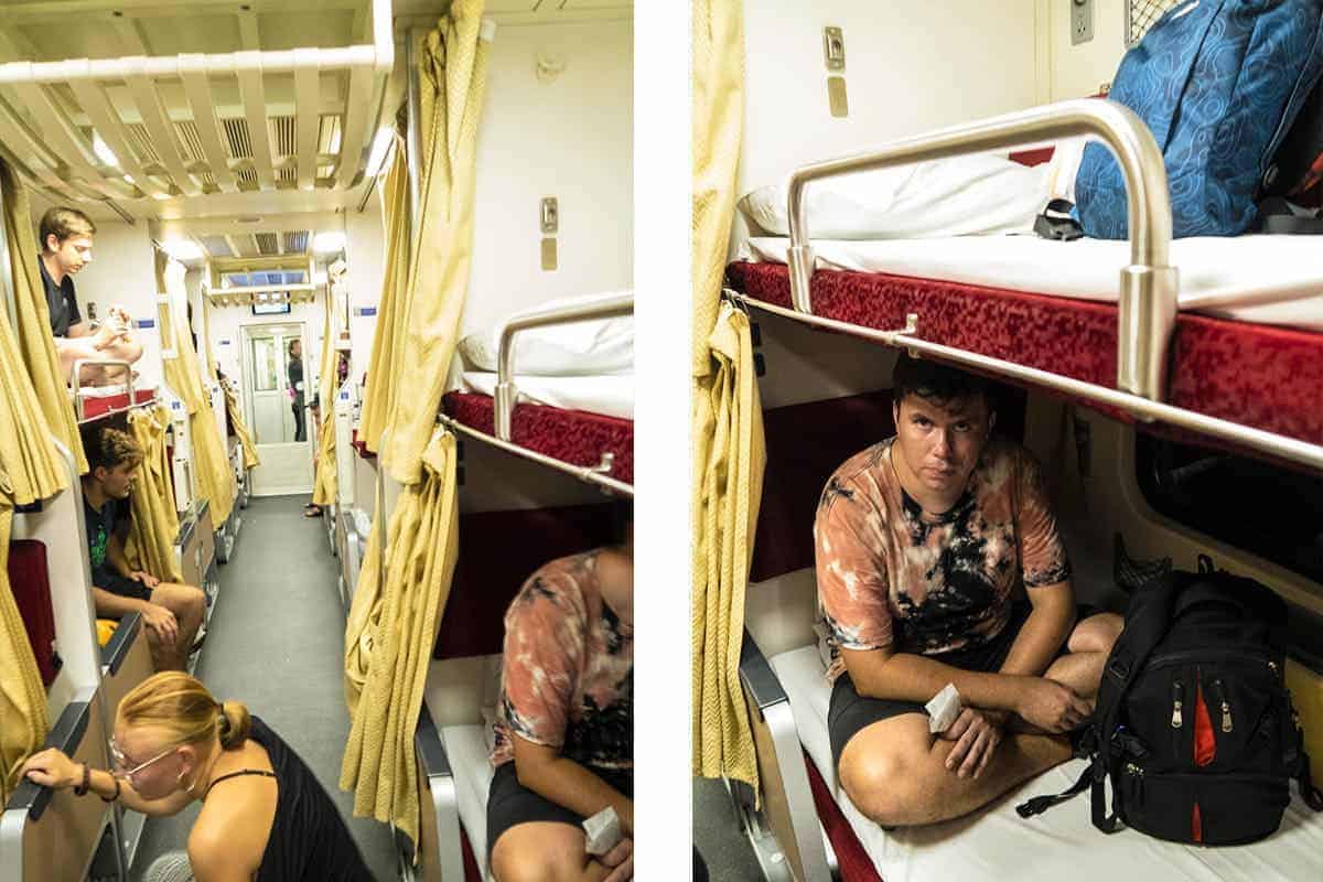 taking one of the trains in while backpacking thailand on a budget