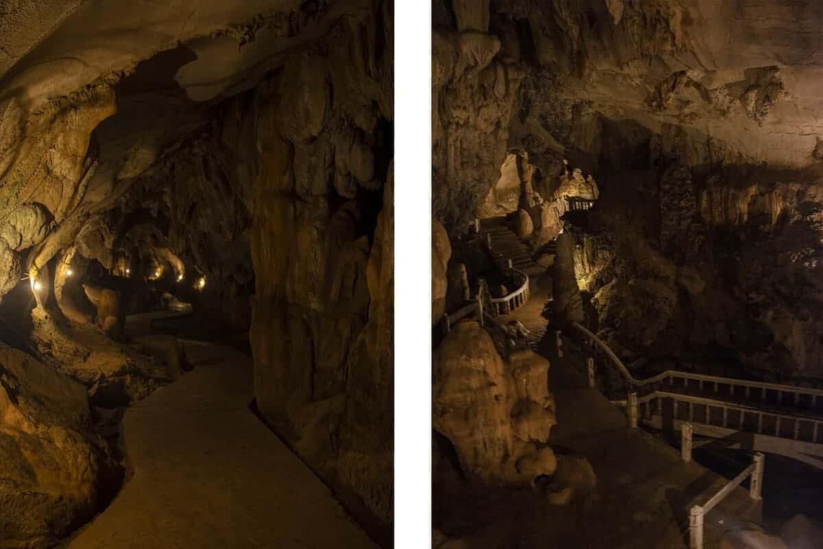 inside of tham chang cave lit up by lights