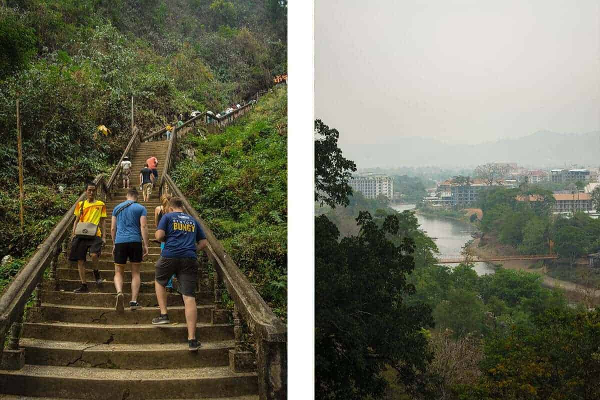 walking up the staircase to the start of tham chang cave