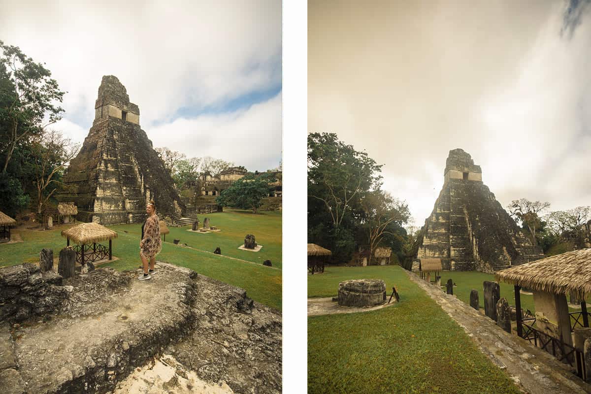 enjoying the incredible views of the great jaguar in the grand plaza of tikal