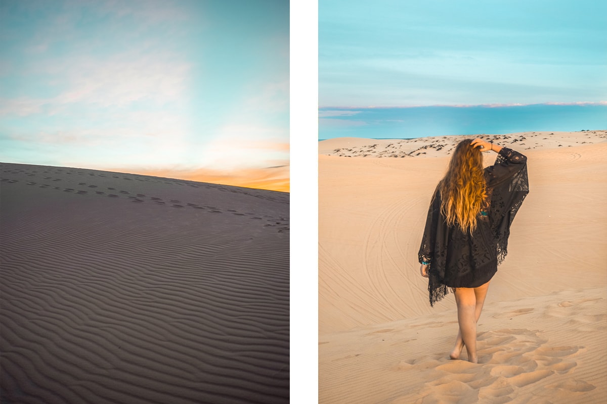 girl in front of the sunrise in mui ne