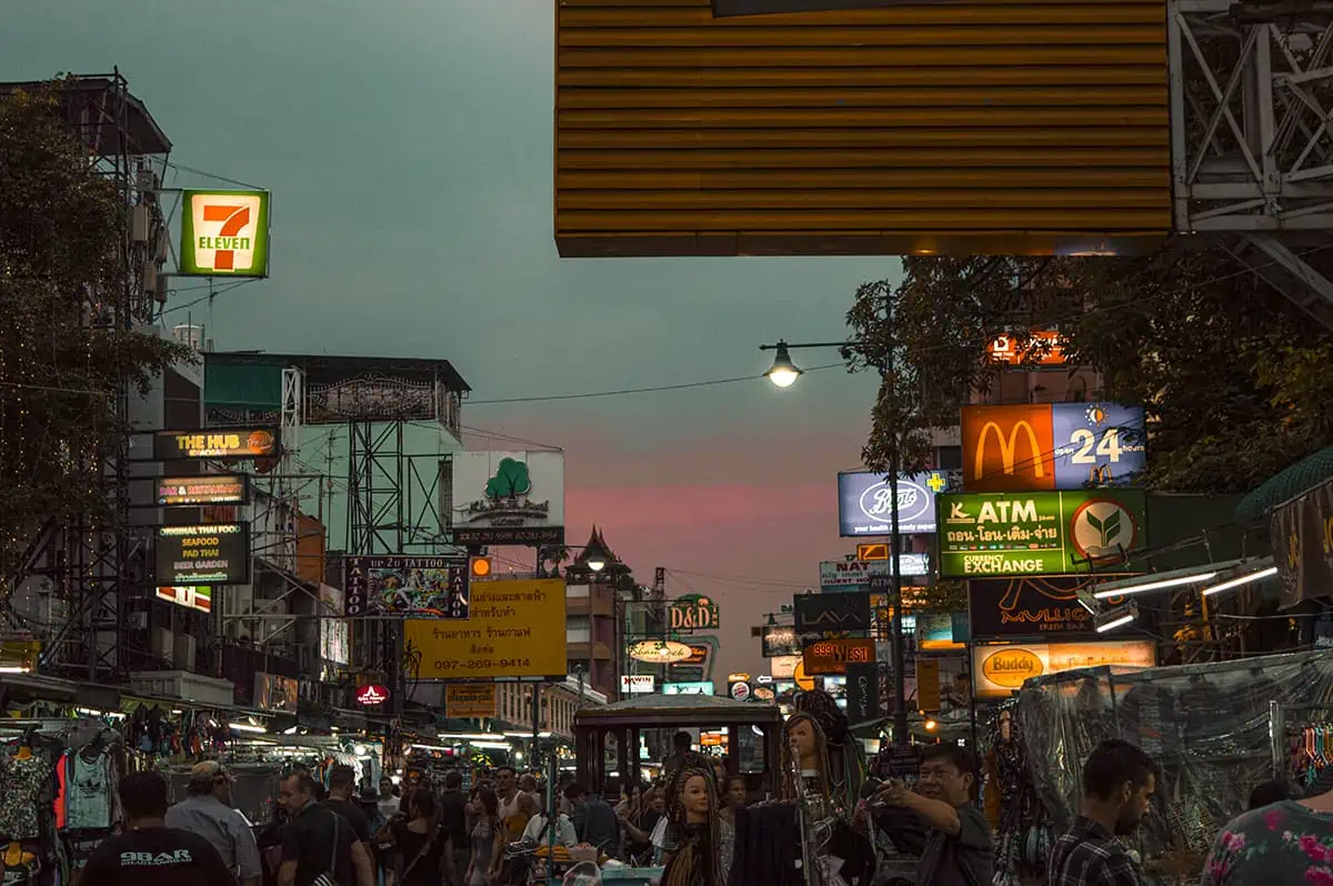 khao san road at sunset on my bangkok itinerary