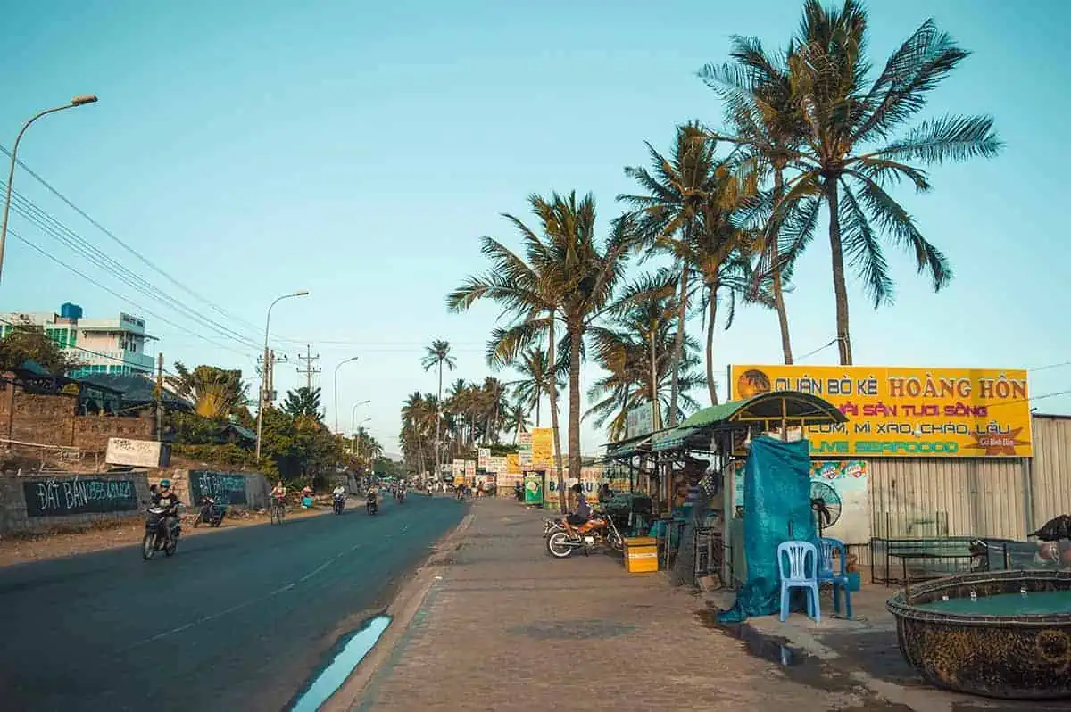 the main strip of shops and restaurants in mui ne