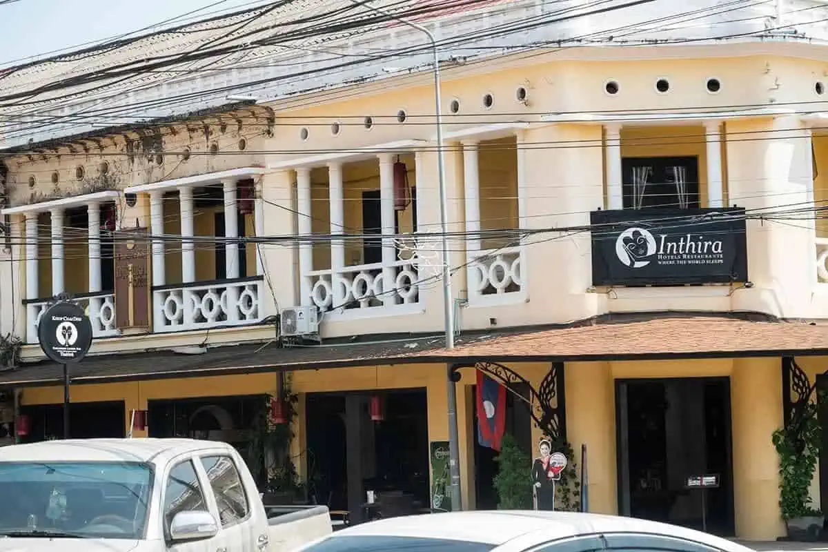 the outisde of inthira restaurant and hotel in thakhek