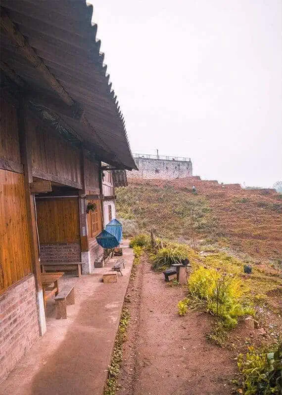a hammock hanging up outside our sapa homestay on a foggy day