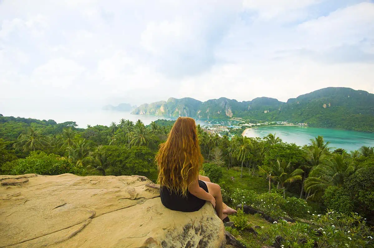checking out one of the amazing viewpoint in koh phi phi while 3 weeks thailand itinerary