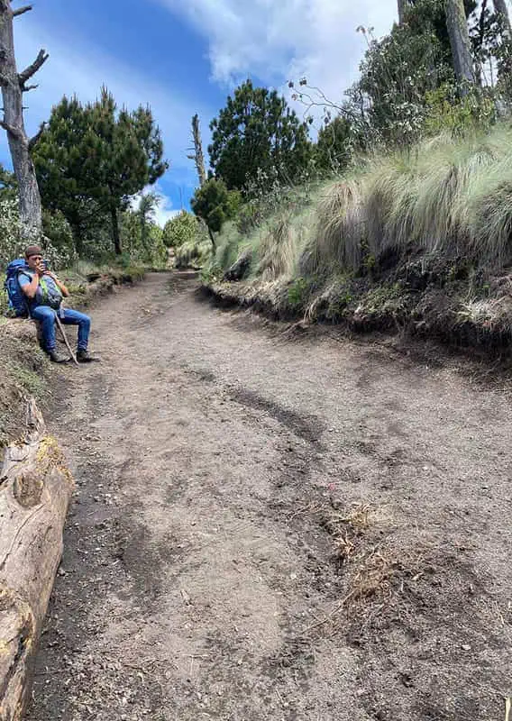 having a rest stop on the road portion of the acatenango volcano hike