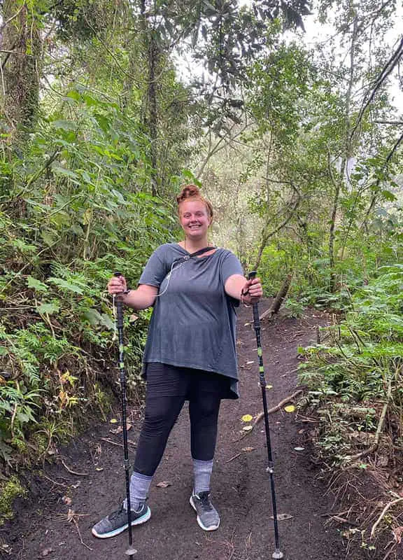 still smiling on the steep early part of the acatenango hike