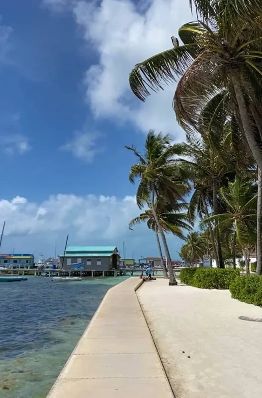 walking along the beachfront to my hostel in ambergris caye