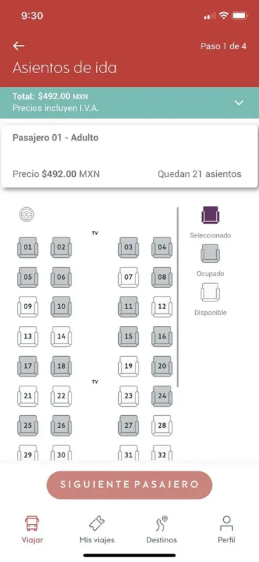 Screenshot of the ado bus app showing available and occupied seats. The seat map includes details such as the total cost of $492.00 MXN for an adult ticket