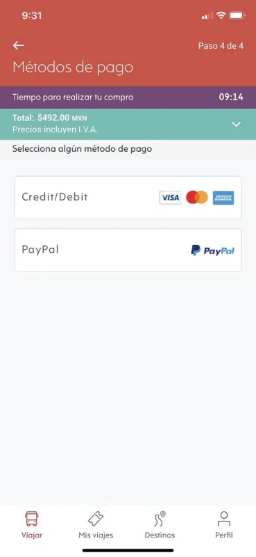 Screenshot of a payment method selection screen within the ado app, offering options like credit/debit cards and PayPal. The total amount of $492.00 MXN is displayed