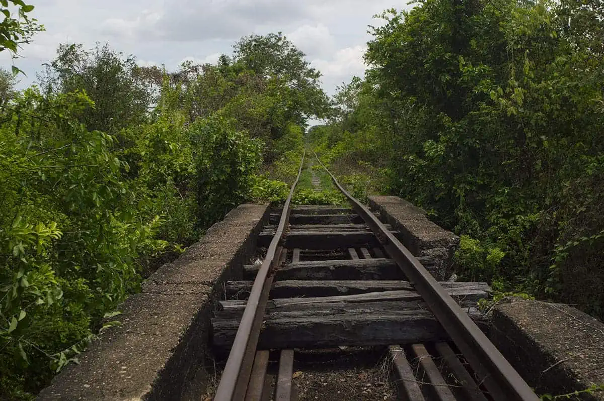 A broken section of the Battambang railway shows warped rails and missing planks on a small bridge surrounded by jungle.