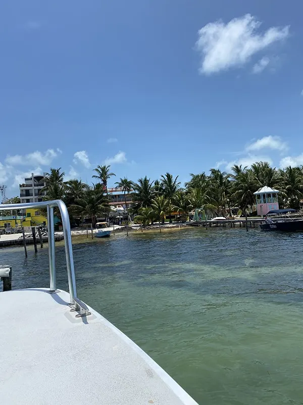Approaching the shores of Caye Caulker on a water taxi, with a clear view of the inviting waterfront and palms, a sight greeting travelers from Belize City.