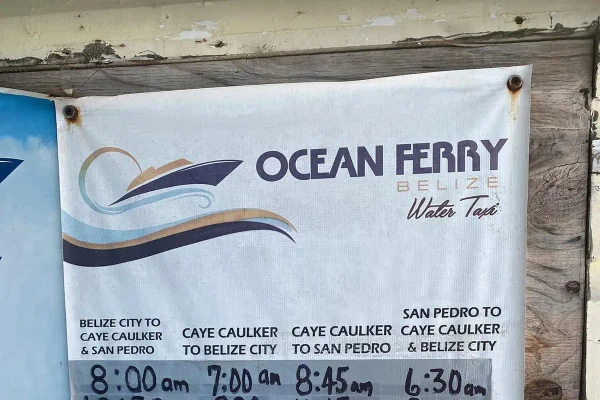 A close-up of an Ocean Ferry Belize Water Taxi schedule banner, with listed departure times from Belize City to Caye Caulker and San Pedro, providing essential travel information for tourists making the journey.