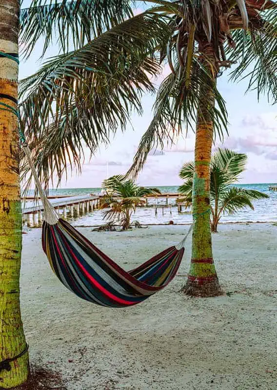 Belize In June: Is Belize Worth Visiting In June? 28 A peaceful hammock suspended between two palm trees on a sandy beach in Caye Caulker Belize, inviting relaxation during the warm June weather.