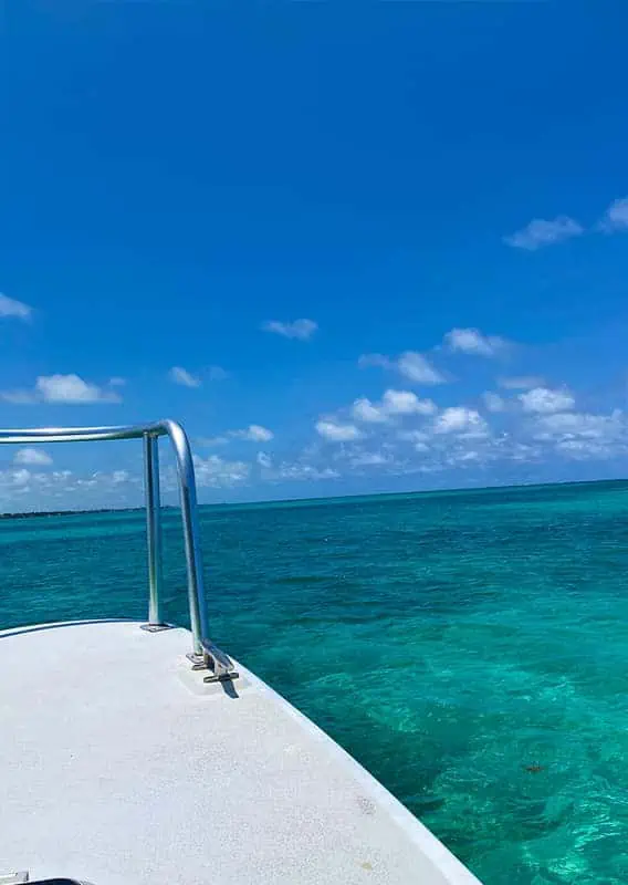 Belize In June: Is Belize Worth Visiting In June? 13 View from the front of a boat overlooking the crystal-clear Caribbean Sea and blue skies in Belize, inviting exploration during the month of June.