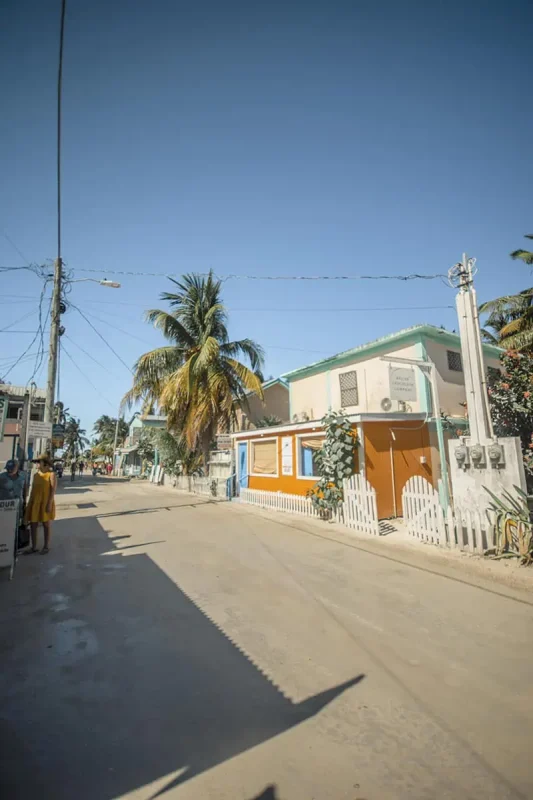 Belize In June: Is Belize Worth Visiting In June? 29 A typical street view in caye caulker Belize with vibrant houses and palm trees, illustrating the everyday charm of the island in the sunny month of June.
