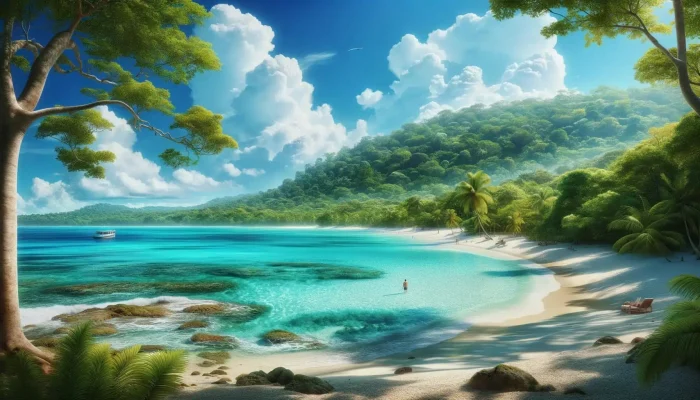 A serene beach scene in Belize in June, showcasing clear turquoise waters, a white sandy shore, and lush green tropical forest under a blue sky with fluffy clouds.