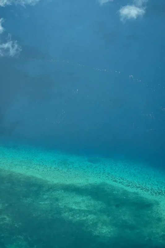 Close-up aerial view over the atoll in Belize, revealing the vibrant coral reefs through the crystal-clear waters and a gradient of marine blue hues.