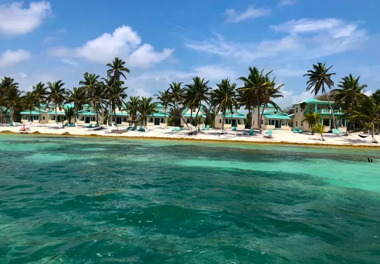Vibrant aquamarine waters brushing against the white sandy beach of Ambergris Caye, lined with tropical palm trees and charming pastel-colored beachfront villas.