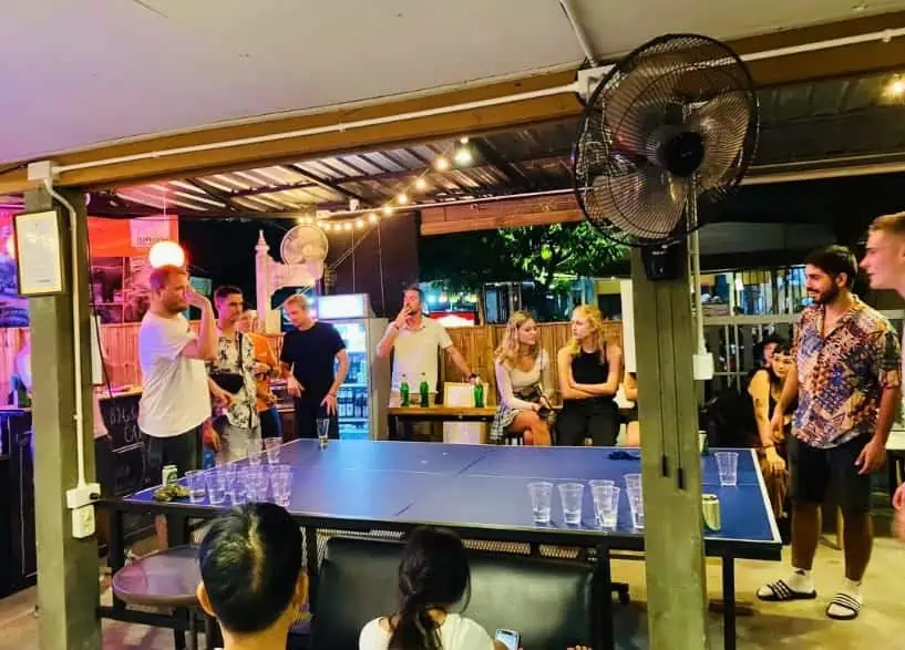 beer pong at big&o's house in chiang mai, a great social hostel for solo travelers
