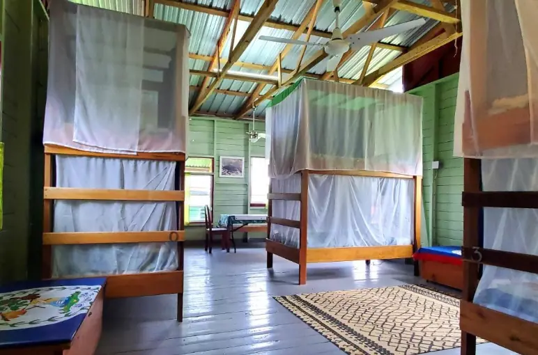 Spacious and airy dorm room with mosquito-netted bunk beds, rustic wooden floors, and a ceiling fan, providing a comfortable stay at Lower Dover's Jungle Lodge in San Ignacio.