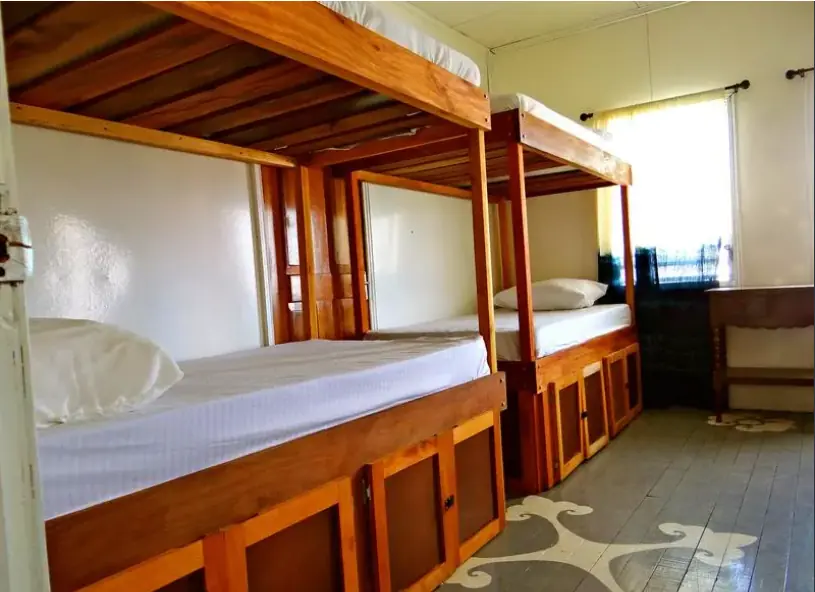 Sturdy and inviting wooden bunk beds in a bright room at Old House Hostel, a contender for the best San Ignacio hostel.