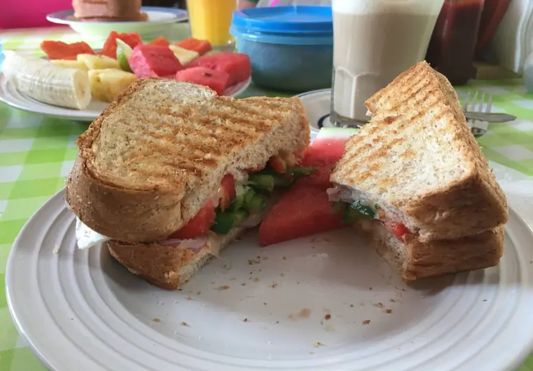 A freshly prepared sandwich with tomatoes, lettuce, and cheese on toasted bread, accompanied by slices of watermelon and other fruits on a patterned green tablecloth from amor y cafe