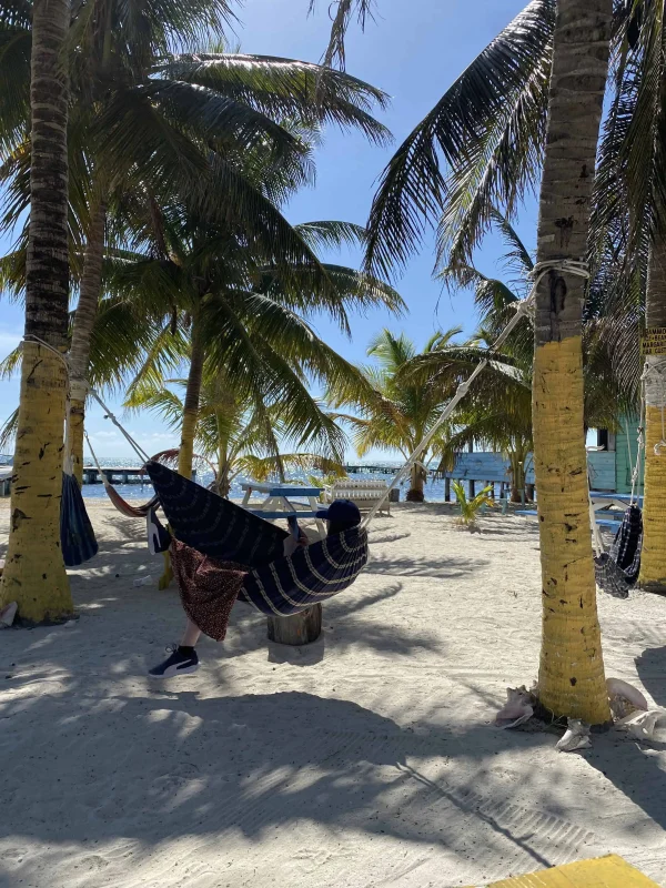A relaxing afternoon spot at Ice N Beans, featuring a person lounging in a hammock strung between two palm trees on the sandy beach. This tranquil scene captures the laid-back vibe of Caye Caulker, perfect for enjoying after a treat from the cafe