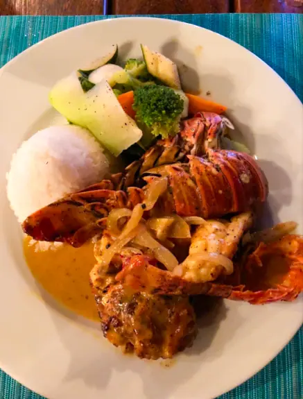 Best Restaurants In San Pedro Belize For Breakfast, Lunch & Dinner 16 A culinary delight at Aji Tapa Bar & Restaurant in San Pedro Belize, featuring a lobster tail drizzled with a rich garlic butter sauce, served with a scoop of white rice and fresh steamed vegetables, exemplifying the gourmet dining experiences at restaurants in San Pedro Belize.