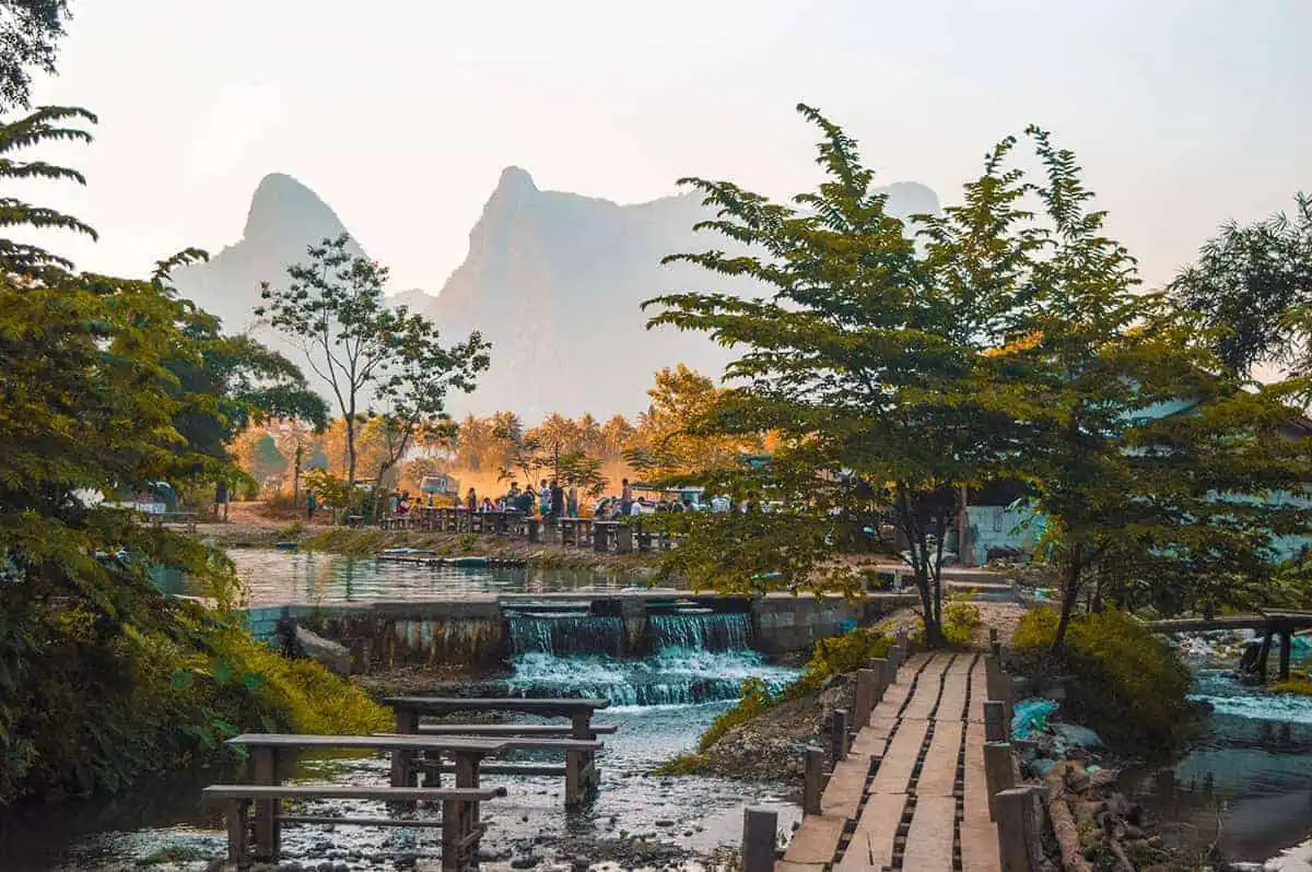 water flowing down the river at blue lagoon three in vang vieng
