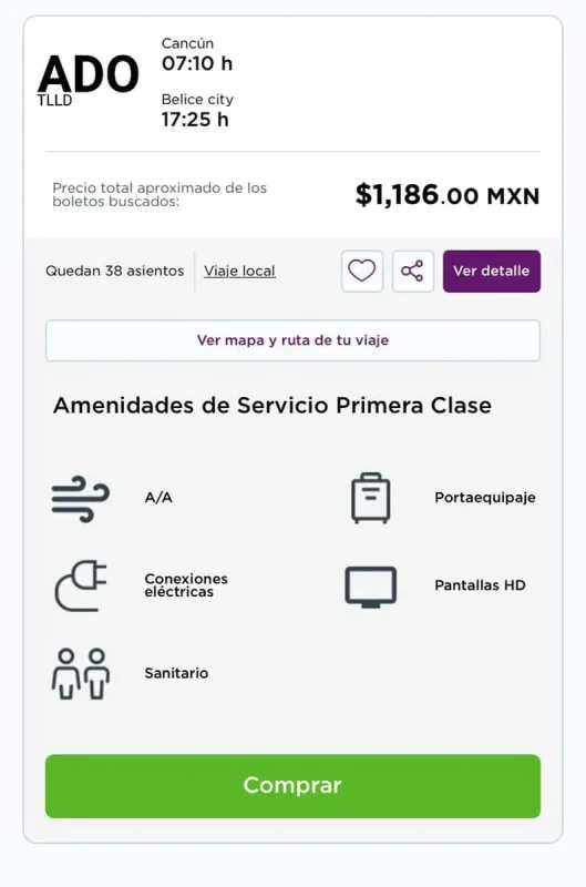 A screenshot showing the travel details of a bus route from Cancún to Belize City, part of a journey from Cancún to Caye Caulker. The ticket lists a departure time of 07:10 from Cancún and arrival at 17:25 in Belize City, with a fare of 1,186 MXN. The amenities of the Primera Clase service include air conditioning, baggage handling, electrical connections, HD screens, and restroom facilities.
