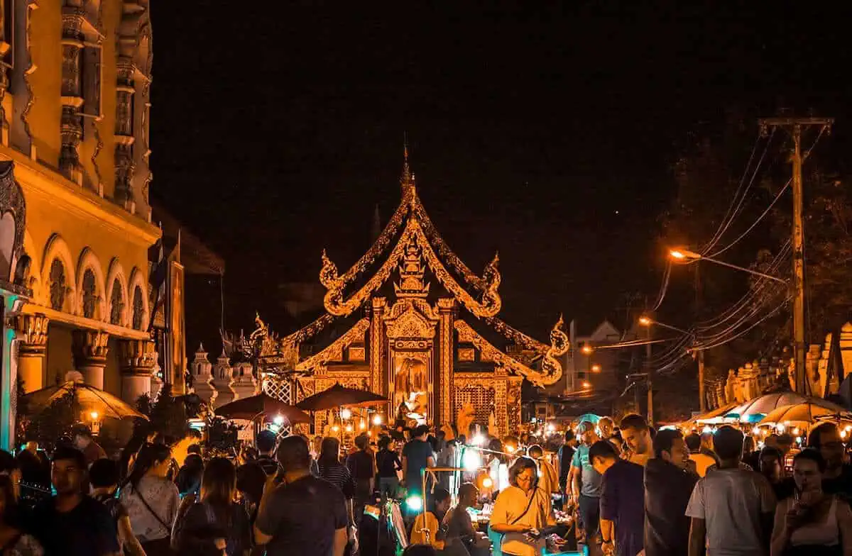 Night time view of a temple illuminated at the Chiang Mai Sunday market