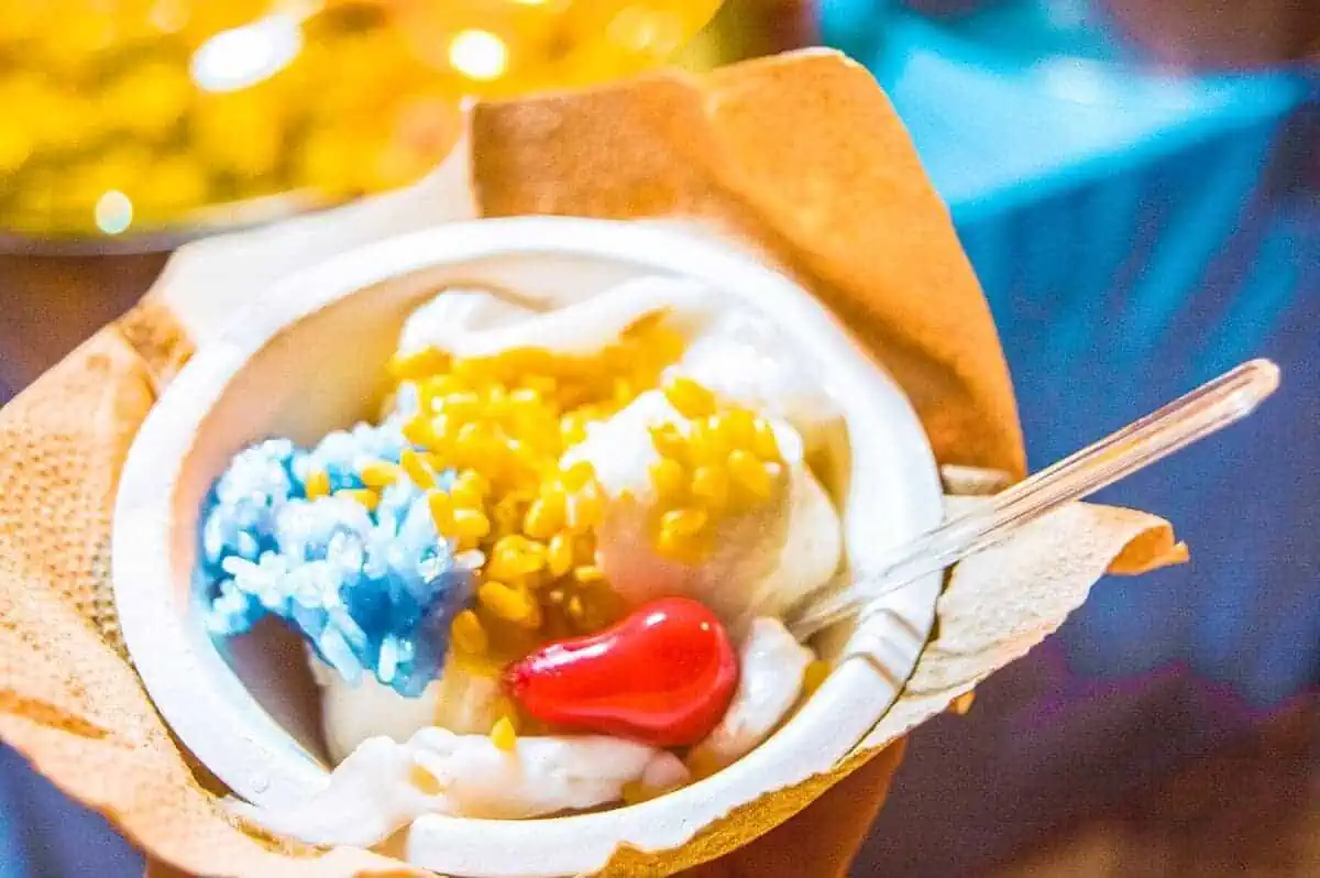 coconut ice cream beautifully presented at a dessert stand.