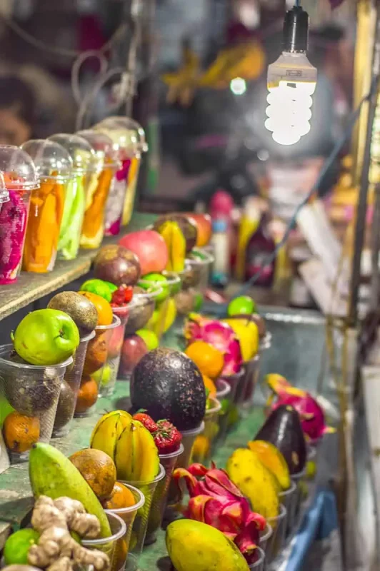 delicious glasses of fruit waiting to be made into smoothies at the luang prabang night market