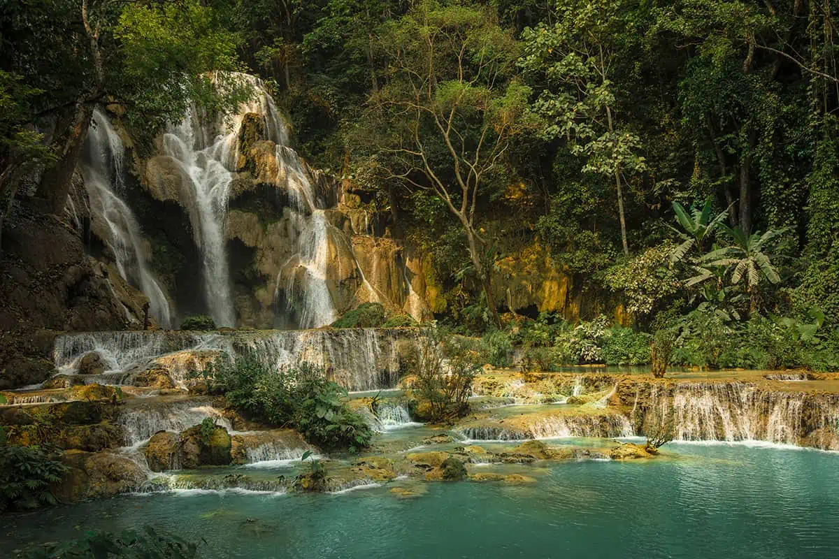 the main waterfall at kuang si falls in luang prabang