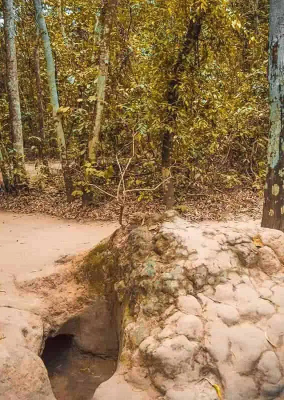 Best Cu Chi Tunnels Tours: Cheap VS Expensive 2025 8 An entrance to the Cu Chi Tunnels hidden among the forest floor, showcasing the concealed and strategic design of the tunnel openings.