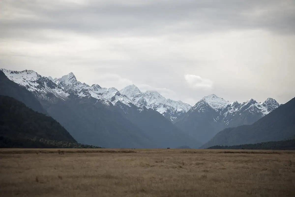 A panoramic view of snow-capped mountains under a cloudy sky, with a vast expanse of dry grass in the foreground. The serene and untouched beauty of Eglinton Valley is showcased in this image.