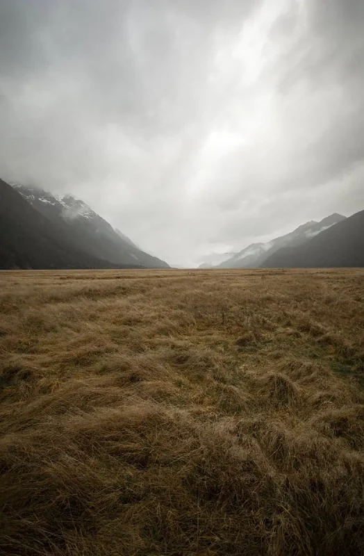 A vast, empty field of tall, dry grass stretching towards a distant horizon where mountains meet the cloudy sky. The scene captures the expansive solitude of Eglinton Valley.