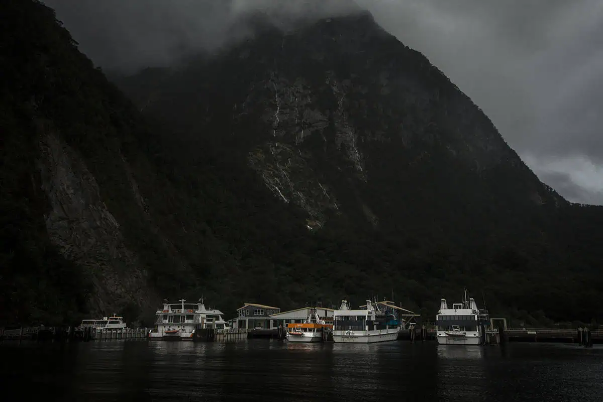 Tour boats docked at Milford Sound under steep misty cliffs.