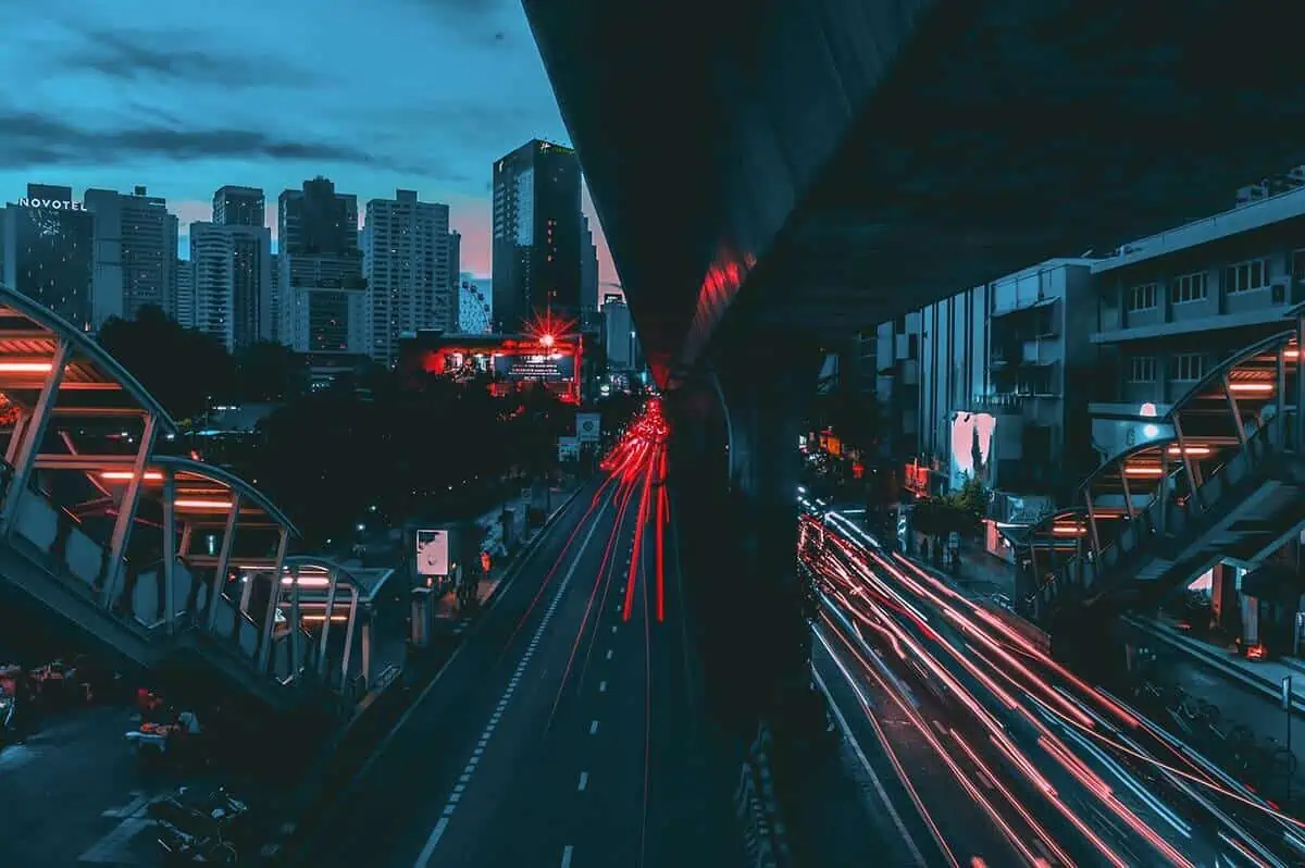 car lights under the bangkok nightfall
