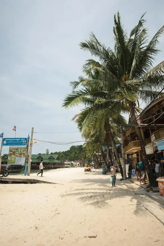 shops lining the shoreline in the main village of koh touch in koh rong